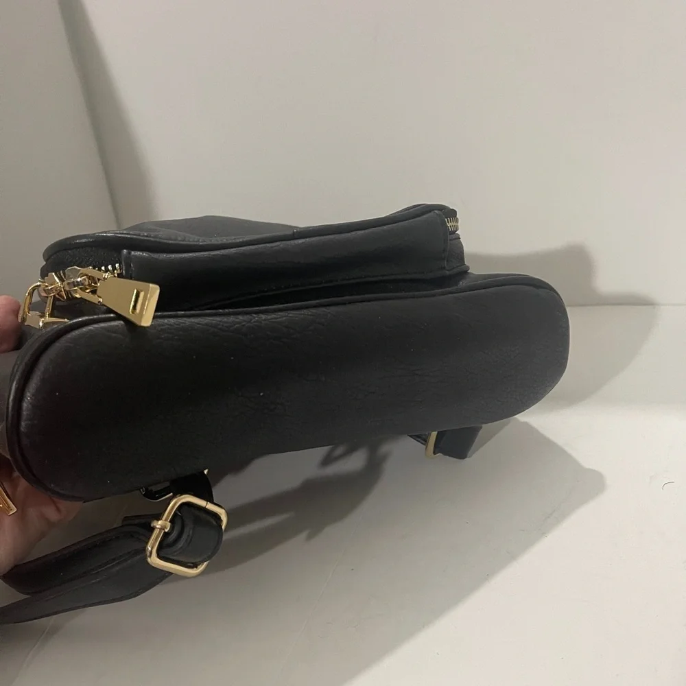 INC International Concepts Black Leather Backpack with Gold Zippers